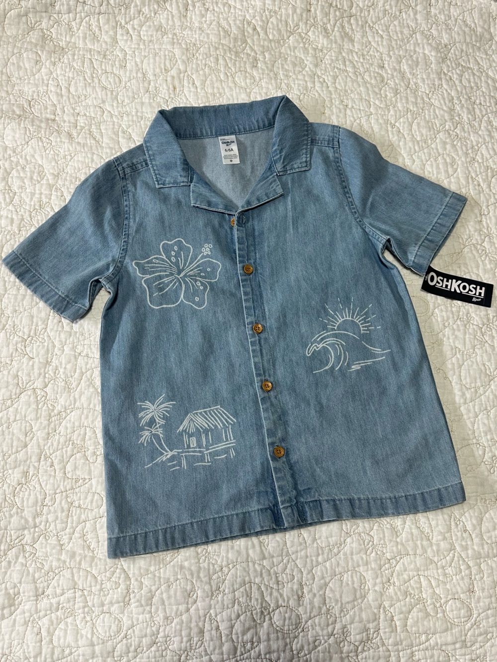 OshKosh B'gosh Light Blue Denim Short-Sleeve Shirt Jacket with tropical graphics